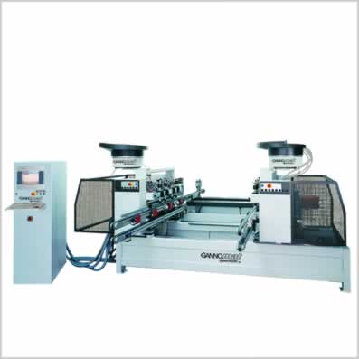 Through-feed machine for drilling, gluing and dowling for double sided operation - GANNOMAT Spectrum